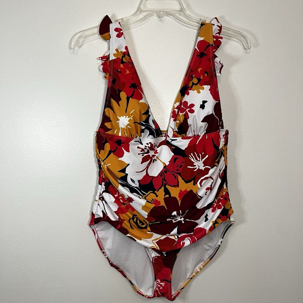 Anne Cole Floral Print Adjustable Ruffle Strap Plunge One Piece Swimsuit 14 - Picture 1 of 5